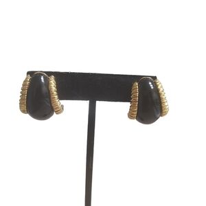 St. John Black Enamel Gold Toned Half Hoop Clip on Earrings